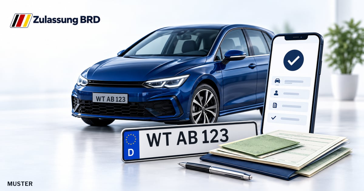Online Fahrzeugzulassung in Wehr: Musterkennzeichen WT AB 123, Auto und Fahrzeugpapiere und Smartphone. Illustration mit Logo von Zulassung BRD.